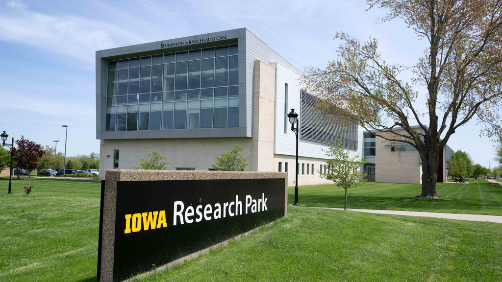 Iowa Research Park sign in front of the BioVentures Center in Coralville Iowa